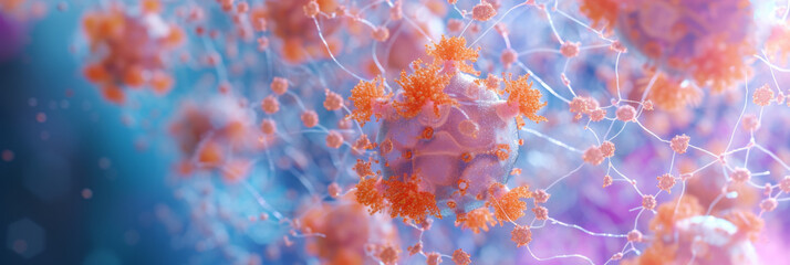 Fototapeta na wymiar small orange crystallike cells in a blue and purple background, generative AI