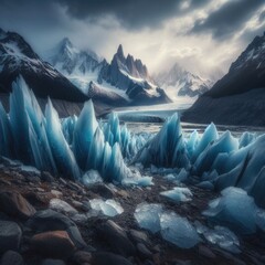 A dramatic and serene landscape of a glacier and surrounding mountains. Prominent ice formations, blue and jagged, rise from the ground, showcasing their intricate shapes and textures