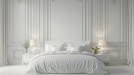 White luxury bedroom interior, wall mockup, 3d render