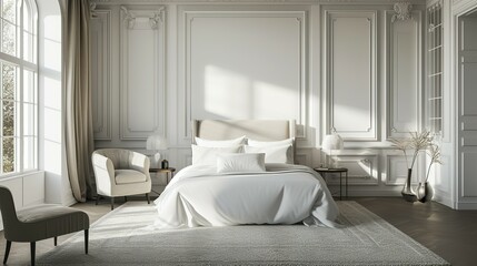 Fototapeta na wymiar White luxury bedroom interior, wall mockup, 3d render