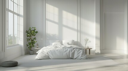 White luxury bedroom interior, wall mockup, 3d render