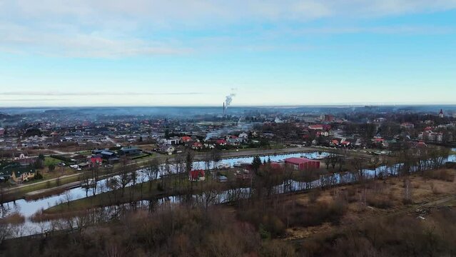Establishing drone shot of town of Lithuania, Silute, Europe