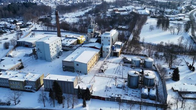 Drone view industrial building of electric utility company in city of Silute in winters, Lithuania