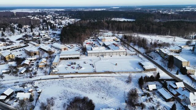 Drone shot of city of Silute in winter, Lithuania