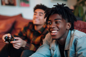 black brown young men playing video game smiling joystick in hands teenagers friends friendship happy complicity sofa in a living room having fun wearing casual shirts denim dreadlocks cheerful upbeat - obrazy, fototapety, plakaty