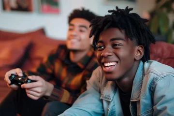Fotobehang black brown young men playing video game smiling joystick in hands teenagers friends friendship happy complicity sofa in a living room having fun wearing casual shirts denim dreadlocks cheerful upbeat © Oliver Evans Studio