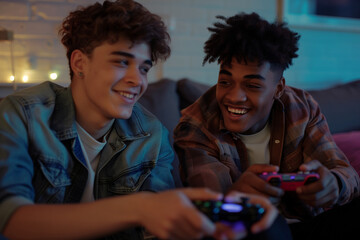 young men playing video game smiling black and white teenagers gamepads friends friendship happy complicity bond sofa living room having fun wearing casual shirts denim curly hair cheerful upbeat