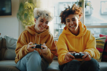 two girls playing video game gamepad in hands smiling young womens friends friendship laughing happy complicity sofa living room having fun wearing jackets cheerful upbeat controller joystick joypad