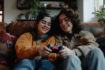 two young friends playing video game gamepad in hands smiling teens friendship laughing happy complicity bond sofa living room having fun wearing jackets cheerful upbeat controller joystick joypad