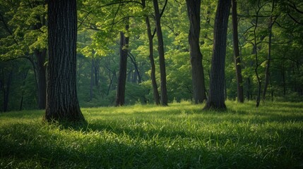 Trees Growing on Grassy Field in Forest