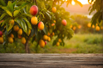 Ripe Mango tropical fruit hanging on tree with rustic wooden table and sunset at organic farm