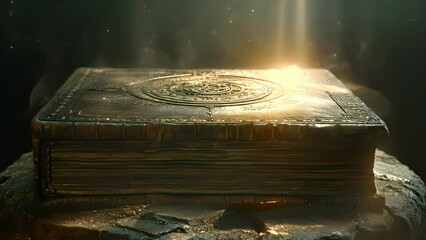 The camera zooms in on a dusty book on a pedestal its leather cover adorned with strange symbols and sigils hinting at dark magic and ancient mysteries.