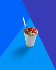 Corn Preparation in a Cup, Esquite, Mexican Snack, Street Food, Spicy, Chamoy, Chili Powder, trolelote, Minimalist Background,