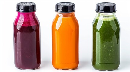 A trio of juice bottles containing beet, spinach, and carrot juices, each with a glossy black cap, isolated on a pure white surface