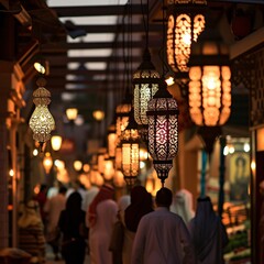 Medina Street Adorned with Arabic Lanterns: Bustling Life During Ramadan Nights