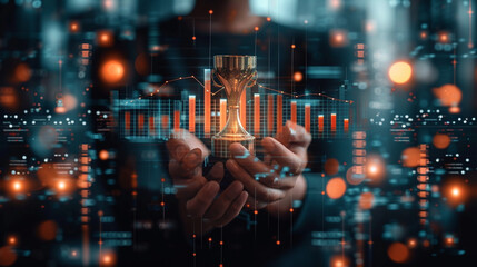 Business success concept. Raising a trophy or interacting with a high-growth chart on a digital interface, symbolizing personal achievement, strategic victory, and the tangible results of ambition.