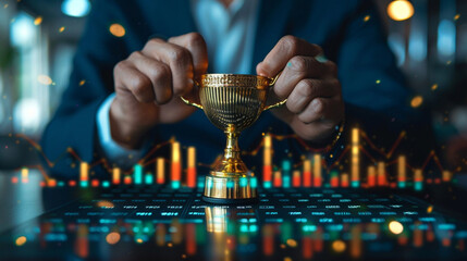 Business success concept. Raising a trophy or interacting with a high-growth chart on a digital interface, symbolizing personal achievement, strategic victory, and the tangible results of ambition.