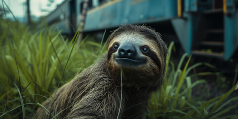 Fototapeta premium a sloth is standing in a grassy area next to a train, generative AI