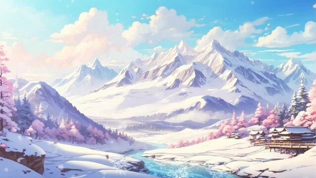winter landscape with snow covered houses. Cartoon or anime watercolor painting illustration style. seamless looping 4K time-lapse virtual video animation background