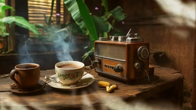 Old antique radio and a hot cup of coffee by the window with a vintage atmosphere and old time effect. Seamless looping 4K video background.