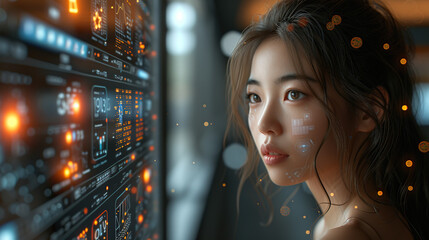 The future of AI and businesswomen Data and cyber connectivity, IOT overlays and technological innovation.