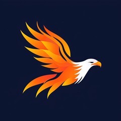 Majestic White Eagle in Flight: Vibrant Logo with Fiery Orange Feathers Against Dark Background
