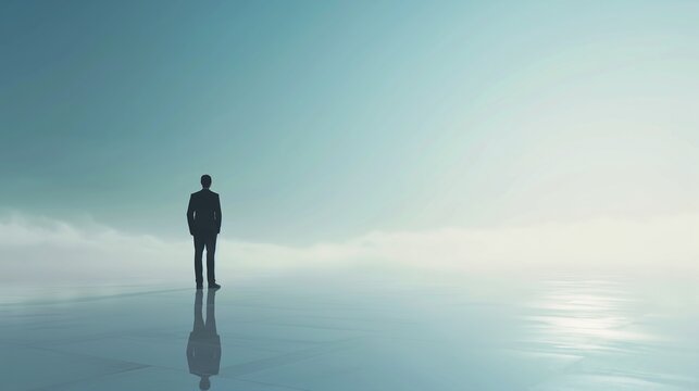 man standing large floor middle ocean web design reflective mysterious stranger white collar diffuse fog void sleek lines powerful protagonist gray men unconnected leaders