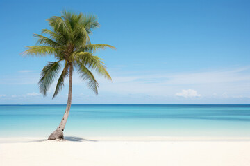 A lone palm tree stands on a pristine white sand beach against a backdrop of tranquil blue waters, AI Generative.
