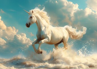 Obraz na płótnie Canvas white horse running deep sunny day princess unicorn flying sky city cortez cute flutter unicorns