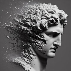 Fototapeta premium a grayscale, artistic representation of a statue's head disintegrating into particles
