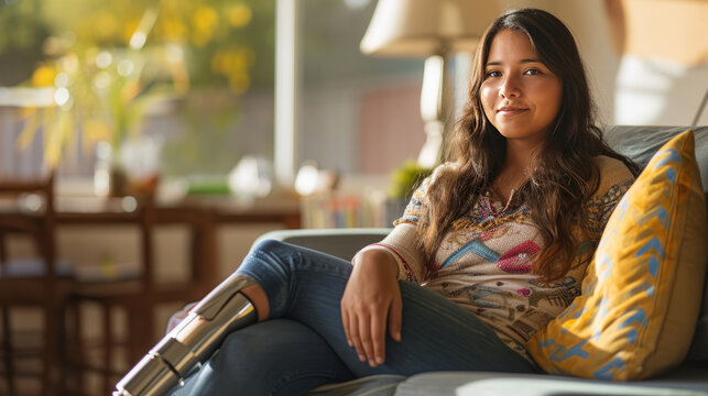 Young Latino woman with bionic leg sitting on a sofa