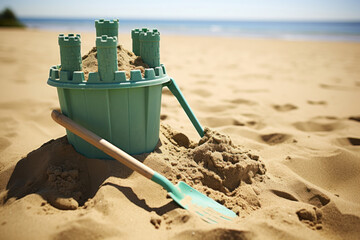 Children's sand castle on a sunny beach evokes the simple pleasures of summer - AI Generative.