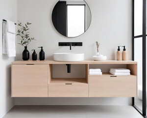Minimalist Bathroom Interior with Modular Design and Multi-functional Furniture Gen AI