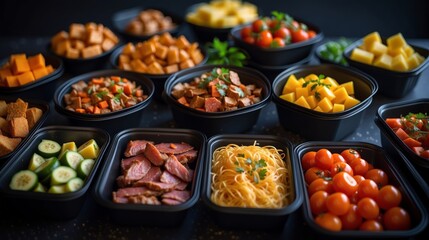 Assorted Delicacies in Black Plastic Containers.