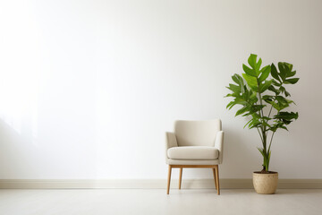 Minimalist design with a white chair and green plant evoking tranquility. AI Generative.