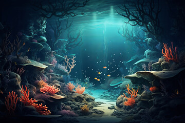 Vibrant underwater world illustration, teeming with marine life and coral beauty. AI Generative.