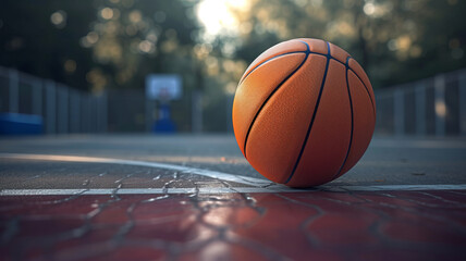 Close-up of a basketball on an urban street court AI Generative.