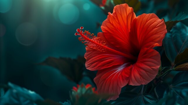 red flower growing bush scary color tropical flowers luminous design ocean female light space soft contrast