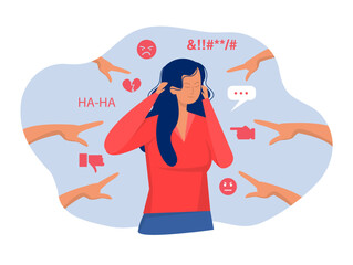 Bullying concept. Young upset  Woman victim of harassment  which symbolizes touching and violence against women. Fingers pointing at a woman. Vector illustration 