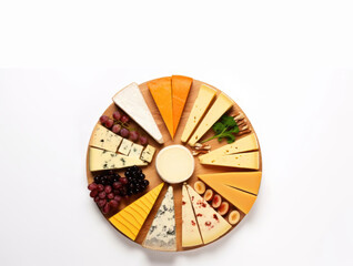 Cheese platter with different types of cheese on a white background
