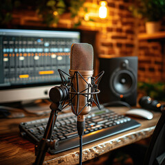 A versatile stock photo showcasing a microphone in a home recording setup, with a computer, headphones, and a comfortable chair