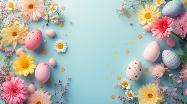 closeup blue background flowers eggs holding easter non binary model golden bountiful crafts opening shining portal well list garnishment