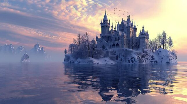 Majestic castle overlooking a frozen lake in winter, a scene of enchanting tranquility Seamless looping 4k time-lapse virtual video animation background. Generated AI