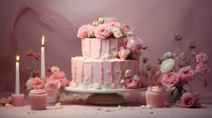A beautiful pink birthday cake. Decoration of a holiday, birthday.