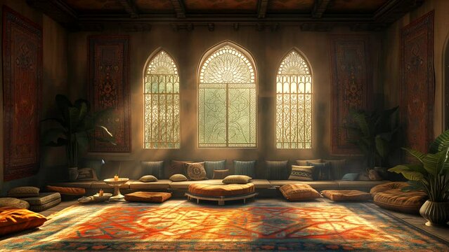 Cozy living room in middle-eastern style with Ramadan decorations. seamless looping 4k time-lapse animation video background