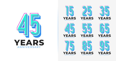 Set of creative anniversary logo. Number symbol with fun and 3d concept for birthday event, banner element, invitation card, and etc
