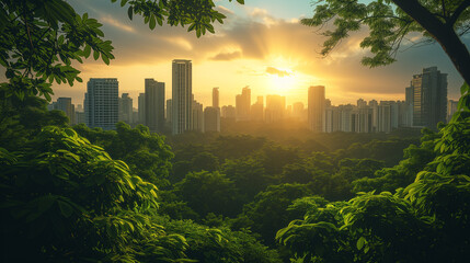 The setting sun casts a golden glow over a cityscape embraced by a lush canopy of trees, exemplifying a balance between urban development and natural landscapes.