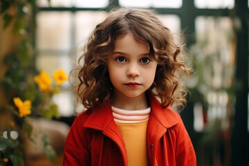 Portrait of a cute little girl with curly hair in a red jacket.