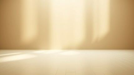 Minimalist abstract soft light beige background for product presentation with sunlight shadow from the window.