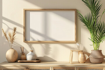 Fototapeta na wymiar Wooden Poster Frame Mockup elegance in every detail, complemented by wall decor a vase with plants and leaves, wooden frame incorporates botanical accents, bathed in sunlight from the window 